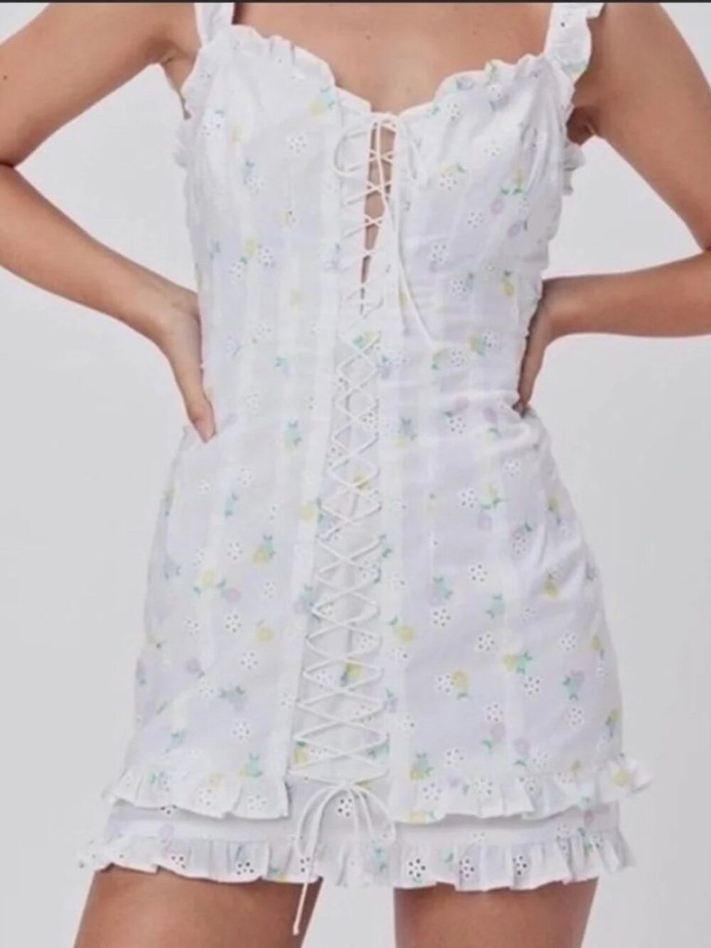 For Love and Lemons Mini Dress corset lace up ruffled eyelet Small NWOT